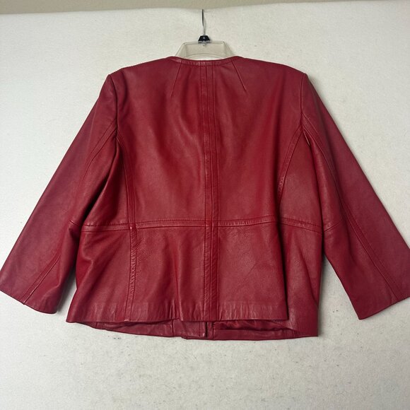 Kasper jacket sz L Red Leather big button up 3/4 sleeves collarless biker glam - Picture 4 of 5